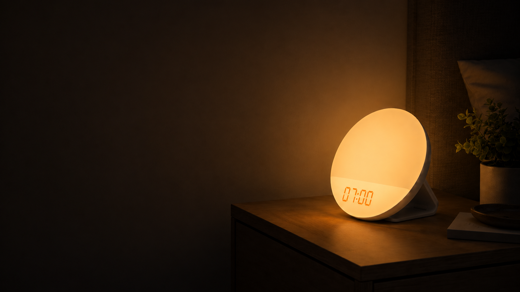 Aurora sunrise lamp glowing on a bedside table